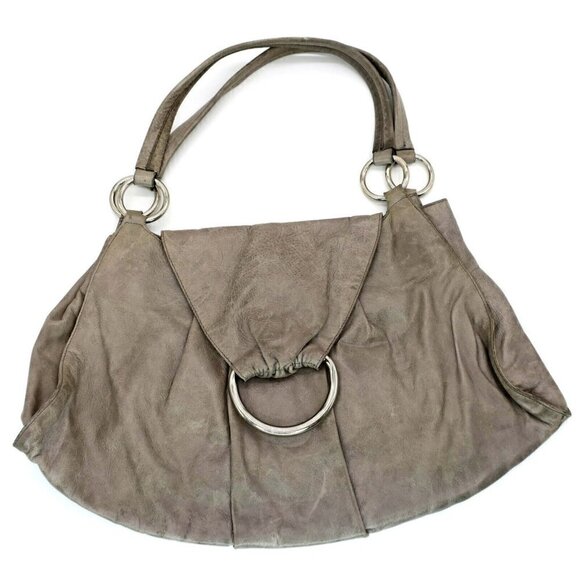 Hobo International Crescent Purse D-Ring Flap Gray Glazed Leather Shoulder Bag - Picture 1 of 6